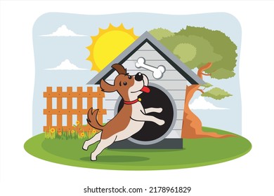 Caricatura de perro. Un cachorro pequeño jugando frente a una casa pequeña. Pequeña casa de perros. Ilustración vectorial de perro