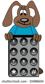 dog cartoon standing behind phone number key pad - vector