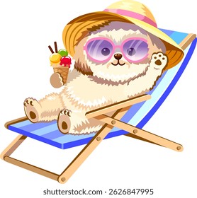 Dog in cartoon style sitting in a sun lounger on the beach wearing a hat and sunglasses holding an ice cream summer illustration summer vacation holidays Vector
