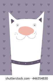 Dog cartoon vector illustration on purple background with hearts