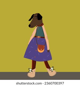 The dog is cartoonish, fashionable, standing against a bright wall, wearing a purple skirt and a shoulder bag. Bright colors. Vector illustration EPS 10