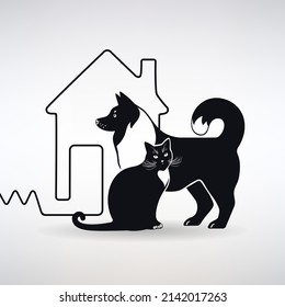dog and cat against the background of the silhouette of the house on a light background