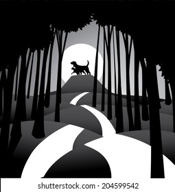 Dog and cat against the moon. EPS 10 vector, grouped for easy editing. No open shapes or paths.