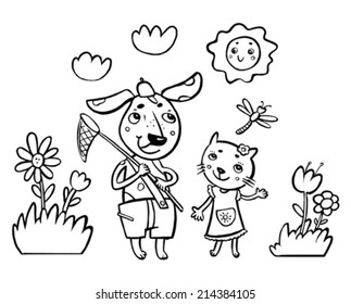 Dog and cat are among the flowers. Summer. Black and white graphics.