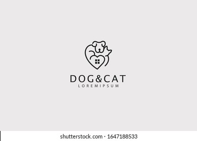 dog and cat animal care logos. illustration of images of dogs and cats accompanied by love and home. vector line icon template