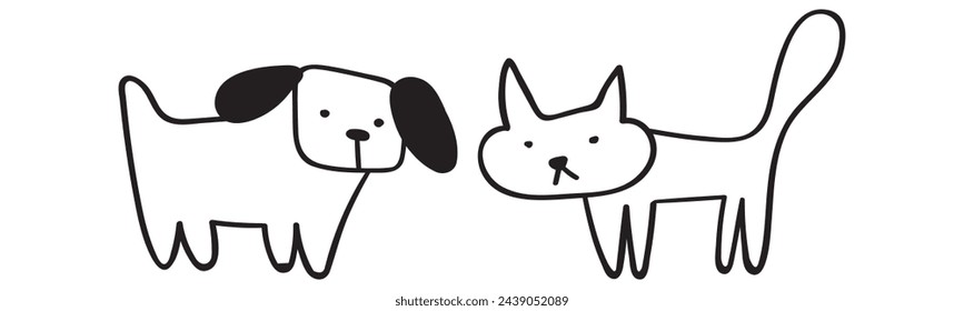 Un perro y un gato. Amistad animal. 
Icono de Esquema. Ilustración dibujada a mano sobre fondo blanco.