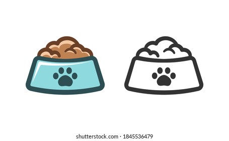 Perro, gato, animal o mascota símbolo del tazón de comida completa marca conjunto blanco y negro de color. Diseño simple de ilustración vectorial de dibujos animados planos.