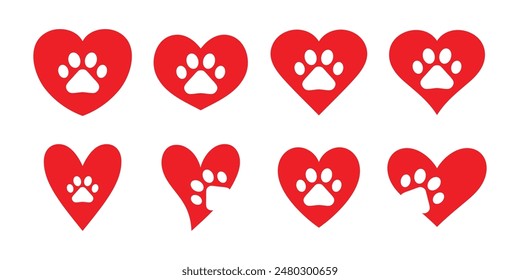 Dog, cat animal pow or footprint in red heart icon set for animal lovers. Animal footprint with heart. Footprint and heart icons collection.