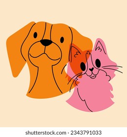 Dog and cat. Avatar, badge, poster, logo templates, print. Vector illustration in a minimalist style  with Riso print effect. Flat cartoon style