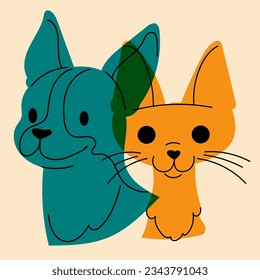 Dog and cat. Avatar, badge, poster, logo templates, print. Vector illustration in a minimalist style  with Riso print effect. Flat cartoon style