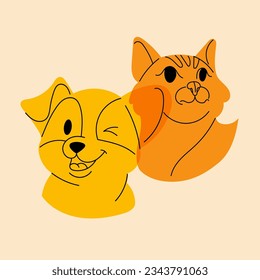 Dog and cat. Avatar, badge, poster, logo templates, print. Vector illustration in a minimalist style  with Riso print effect. Flat cartoon style