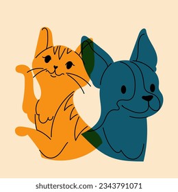 Dog and cat. Avatar, badge, poster, logo templates, print. Vector illustration in a minimalist style  with Riso print effect. Flat cartoon style
