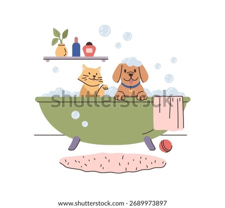 Dog and cat in bathtub with bubbles and soapy water. Vector puppy and housecat with wet fur and playful eyes siting and enjoying bath. Happy clean pets. Love and care for furry friends