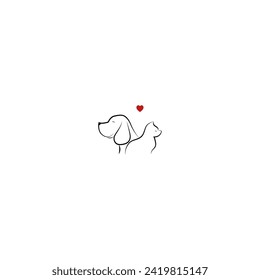 Perro y gato, perro y gato con forma de corazón por encima, amor emocional, perro, amante de los cachorros línea de cuidado de mascotas arte de caricatura vector .