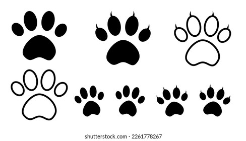 Dog, cat, bear, paw silhouette on transparent background. Paw print and icons set.  svg