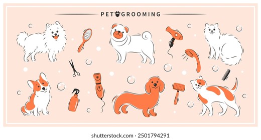 Salón de belleza para perros y gatos, cortes de cabello, baño, cuidado del cabello de mascotas. Aseo de mascotas. Ilustración vectorial.
