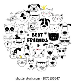 Dog and cat best friends. Hand drawn animals, simple design. Set of cute doodle. Can be used for school book and drawing poster, T-shirt Print and cartoon character.