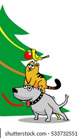 Dog, cat and bird decorating the Christmas tree. Isolated on white background. Vector color flat illustration.