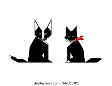 A dog and a cat of black color on a white background