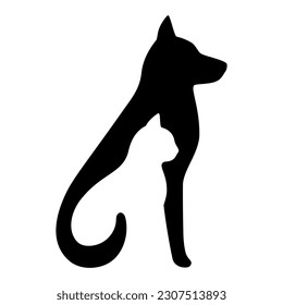 Dog and cat black profile silhouette. Pets sit together, side view isolated on white background. Design for veterinary clinic, shop, animal business. Vector illustration