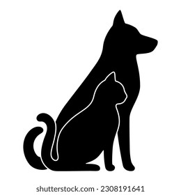 Dog and cat black profile silhouette. Pets sit together, side view isolated on white background. Design for veterinary clinic, shop, animal business. Vector illustration