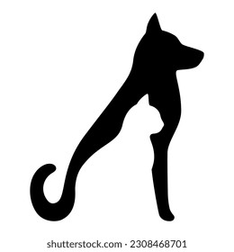 Silueta de perfil negro de perro y gato. Las mascotas se sientan juntas, con vistas laterales aisladas en un fondo blanco. Diseño para clínica veterinaria, tienda, negocio animal. Ilustración del vector