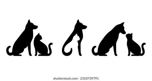Dog and cat black profile silhouette set. Pets sit together, side view isolated on white background. Design for veterinary clinic, shop, animal business. Vector illustration