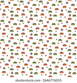 Dog or cat bowl background. Seamless pet pattern with food bowl and paw for pet design