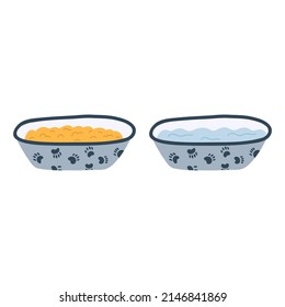Dog or cat bowl with food and water in cartoon flat style. Vector illustration of pet accessories, kitten or puppy dish.