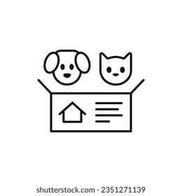 Dog and cat in box icon vector illustration. Adoptionon pet isolated background. Dog and cat looking new house sign concept.