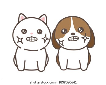 The Dog And The Cat Brushing Their Teeth. White Background.