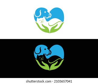 Dog And Cat Care Logo Design Inspiration With Love And Hand Concept Symbol Vector Illustration.