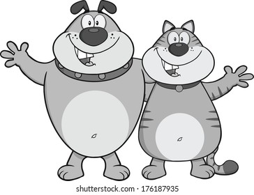 Dog And Cat Cartoon Characters Hugging In Gray Color