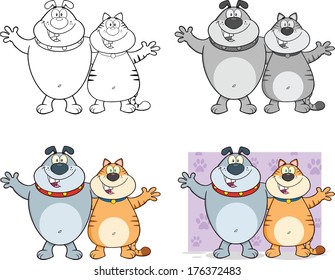 Dog And Cat Cartoon Characters Hugging. Vector Collection Set