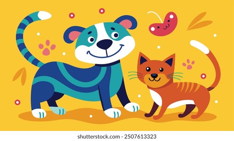 Ilustración vectorial de diseño de dibujos animados de perro con gato
