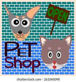 Dog and Cat cartoon vector, label pet shop open