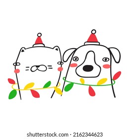 Dog and cat celebrate Christmas. Outline vector illustration.