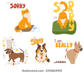 Dog and cat characters vector illustration set with "sorry" lettering. Apology-themed pet stickers. Great for greeting cards, digital prints, social media graphics, posters, web banners