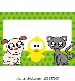 dog, cat and chick on special green background