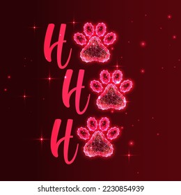 Dog or cat Christmas greeting card with text Ho Ho Ho and pet paws on dark red background. Glowing low polygonal abstract vector illustration
