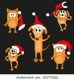 Dog and cat in Christmas hat. Cartoon vector new year set.