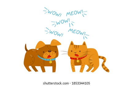 Dog and Cat with Collar Arguing with Each Other Vector Illustration