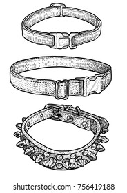 Dog, cat collar illustration, drawing, engraving, ink, line art, vector