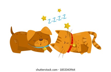 Dog and Cat with Collar Sleeping Together Vector Illustration