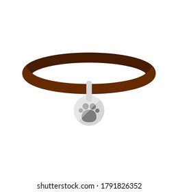 Collar de perro o gato con icono de etiqueta aislado en el fondo blanco. Collar de mascotas de cuero con signo de garra animal en la etiqueta de metal. Ilustración vectorial de dibujos animados de diseño plano.