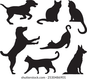 Coleção de cães e gatos. Silhueta de vetor preto gato cão, felino, animal de estimação, gatinho ou gatinho em várias poses isoladas no fundo branco. Cão bonito símbolo da raça, adesivo, ou ícone