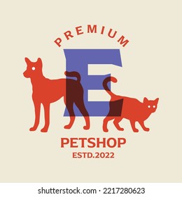 Dog and cat combination alphabet E vector graphic illustration. Perfect for pet shop logos