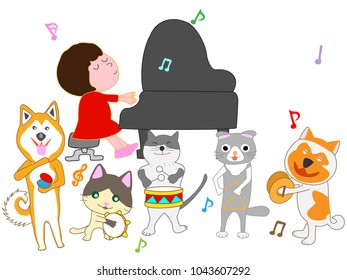 Dog and cat concert. Children and pets are singing and playing instruments.
