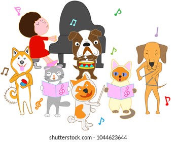 Dog and cat concert. Children and pets are singing and playing instruments.
