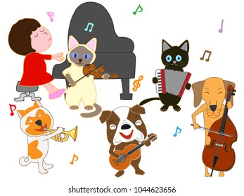 Dog and cat concert. Children and pets are singing and playing instruments.
